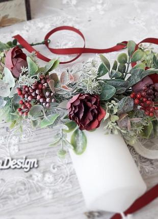 Венок марсала на голову с розами. бордовый венок