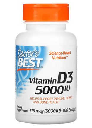 Doctor's best, вітамін d3, 125 мкг (5000 мо), 180 м'яких желатинових капсул