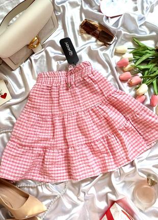 Женская юбка хлопковая розовая в клетку на резинке.4 фото