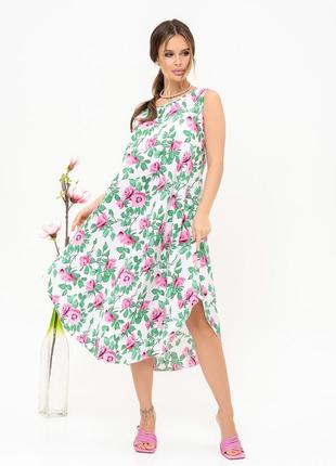 Бело-розовый хлопковый сарафан асимметричного кроя