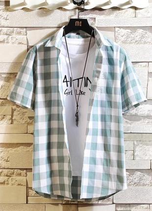 Летняя рубашка в клетку бирюзовая с коротким рукавом / котоновая рубашка / мятная рубашка / сорочка для чоловіків c&a10 фото