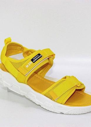 Стильные женские текстильные желтые босоножки на липучках/обувь на лето