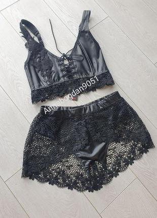 Комплект набір бюст трусики стрінги з відкритим доступом бюстьє пеньюар рольові ігри корсе...