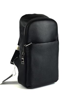 Мужская кожаная сумка рюкзак на грудь, черная молодежная нагрудная сумочка из натуральной кожи1 фото