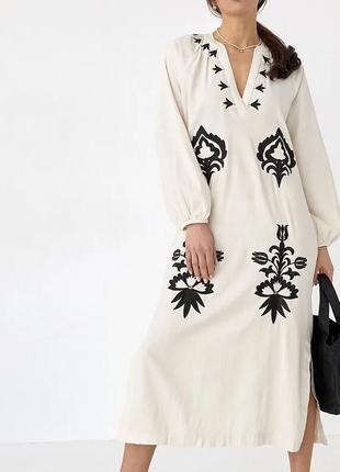 Неперевершена довга лляна сукня плаття сорочка вишиванка оверсайз в етнічному стилі zara10 фото