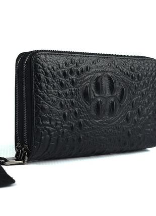 Чоловічий шкіряний товстий чорний клатч сумочка на дві змійки, класичний діловий клатч з тисненням3 фото