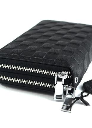 Клатч мужской кожаный толстый на две молнии, классический деловой черный клатч сумочка кошелек1 фото