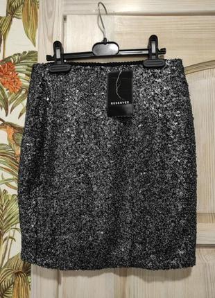 Юбка мини в  серебристо- угольных тертых пайетках