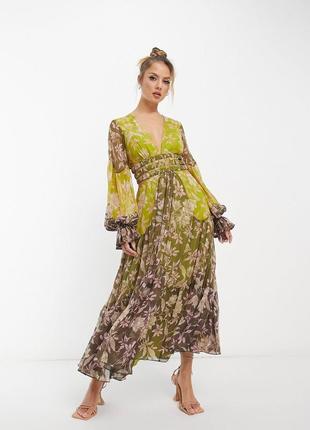 Платье миди с цветочным принтом и сборками на талии asos design