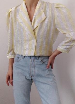 Винтажная блуза полоска блузка винтаж рубашка с объемными рукавами белая блуза в полоску рубашка двубортная блуза в полоску желтая рубашка винтаж3 фото