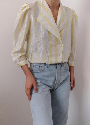 Винтажная блуза полоска блузка винтаж рубашка с объемными рукавами белая блуза в полоску рубашка двубортная блуза в полоску желтая рубашка винтаж5 фото