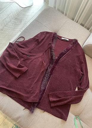 Комплект бордо: майка в бельевом стиле, накидка с натуральным мехом