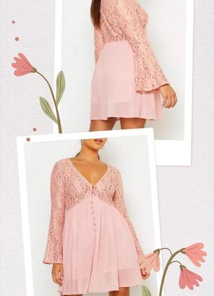 Ніжна персикова сукня boohoo мереживний верх з гудзиками широкі рукави пишна шифонова спідниця4 фото