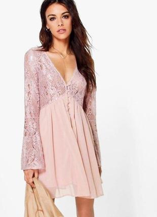 Ніжна персикова сукня boohoo мереживний верх з гудзиками широкі рукави пишна шифонова спідниця3 фото