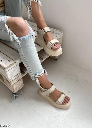 Бежеві шкіряні босоніжки, бежевые кожаные босоножки ,11240