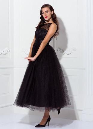 Гламурна довга чорна в горох вечірня сукня плаття фатин2 фото