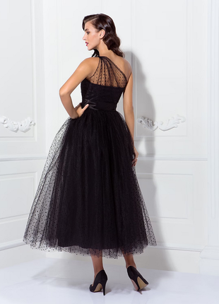Гламурна довга чорна в горох вечірня сукня плаття фатин3 фото