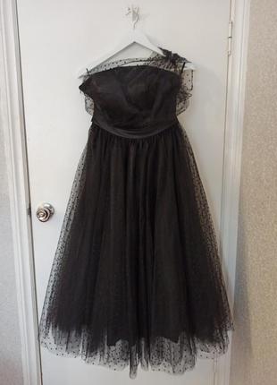 Гламурна довга чорна в горох вечірня сукня плаття фатин6 фото