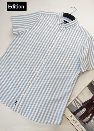 Тенниска мужская рубашка голубого цвета в полоску с короткими рукавами хлопок от бренда edition l