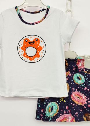 Костюм - двойка детский летний для девочки, футболка укороченная, шорты короткие, синий