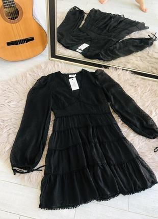 Очень красивое черное шифоновое платье с длинными рукавами8 фото