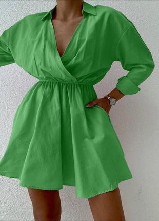 Коротке плаття об'ємна міні сукня поло з талією на резинці блакитна чорна зелена рожева1 фото
