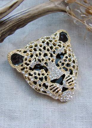 Крупная брошь леопард брошка черно-золотая с леопардом голова леопарда. цвет черный золото