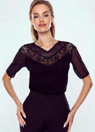 Черная кружевная блуза с коротким рукавом. модель fiva eldar