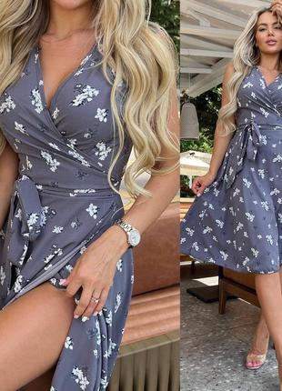 Сукня жіноча довга міді літня легка на літо базова квіткова на запах синя сіра чорна...