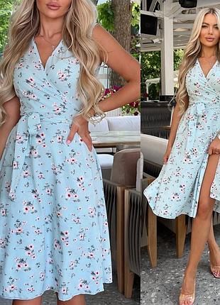 Сукня жіноча довга міді літня легка на літо базова квіткова на запах синя сіра чорна...