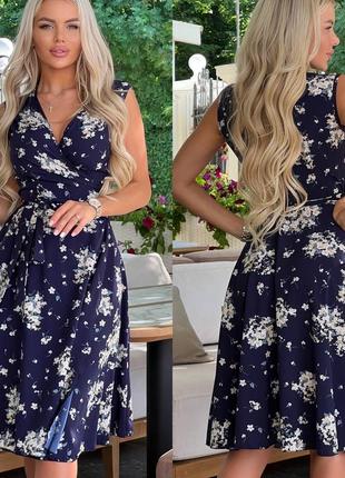 Сукня жіноча довга міді літня легка на літо базова квіткова на запах синя сіра чорна...