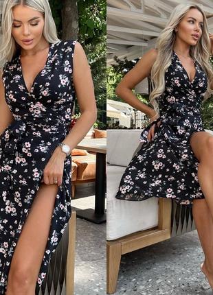 Сукня жіноча довга міді літня легка на літо базова квіткова на запах синя сіра чорна...