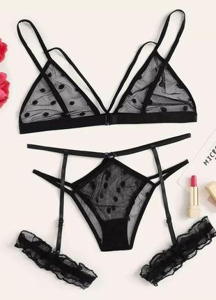 Напівпрозорий комплект жіночої білизни в горошок з підв&#039;язками s чорний (0024/1)