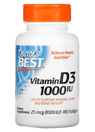 Doctor's best, вітамін d3, 25 мкг (1000 мо), 180 м'яких желатинових капсул