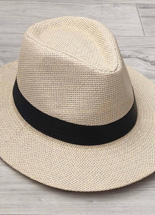 Летняя шляпа федора бежевая с черной лентой (949)