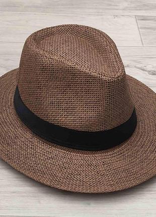 Летняя шляпа федора бежевая с черной лентой (949)7 фото