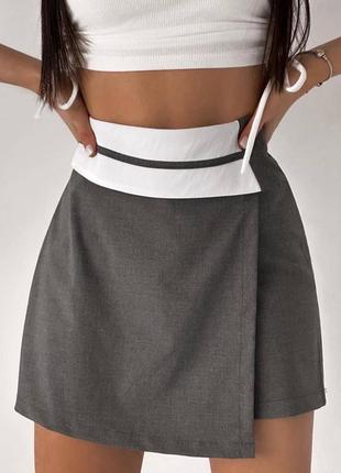 Шорты юбка качественные базовые черные графитовые трендовые стильные с белым поясом юбка7 фото