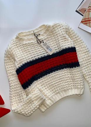 👚стильный белый вязаный свитер/тёплый свитер с красной полоской👚
