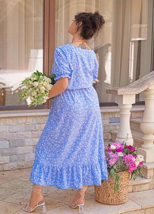 Платье женское длинное миди цветочное летнее легкое на лето базовое голубое синее белое зеленое батал нарядное повседневное с поясом3 фото
