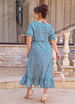 Платье женское длинное миди цветочное летнее легкое на лето базовое голубое синее белое зеленое батал нарядное повседневное с поясом9 фото