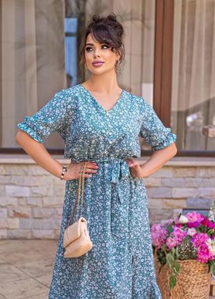 Платье женское длинное миди цветочное летнее легкое на лето базовое голубое синее белое зеленое батал нарядное повседневное с поясом8 фото