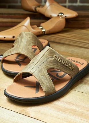 Шлепанцы reebok, кожаные шлепки, чоловічі шкіряні шльопанці6 фото