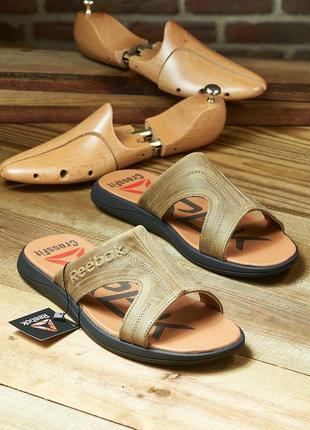 Шлепанцы reebok, кожаные шлепки, чоловічі шкіряні шльопанці