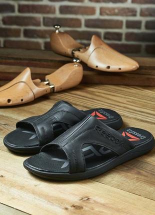 Шлепанцы reebok, кожаные шлепки, чоловічі шкіряні шльопанці