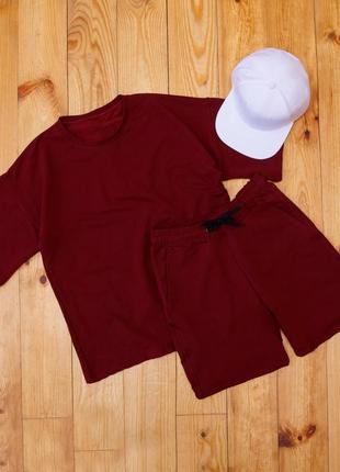 Хіт продажу 👍 шорти + футболка! оверсайз спортивний костюм, літній комплект бордовий