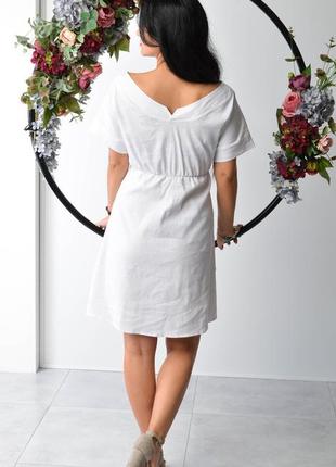 Коротка сукня жіноча з льону біла з короткими рукавами2 фото
