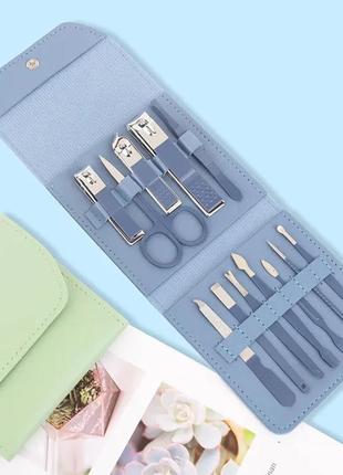 Набір для манікюру з 16 інструментів у футлярі,  синій, розовий, зелений