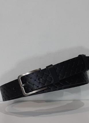 Ремень 01.071.355.01 брючный чёрный кожаный шириной 35 мм с серой пряжкой