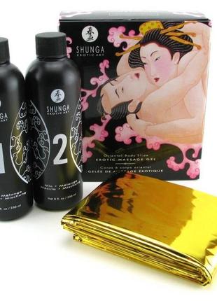 Гель для nuru массажа shunga oriental body-to-body - sparkling strawberry wine плюс простыня