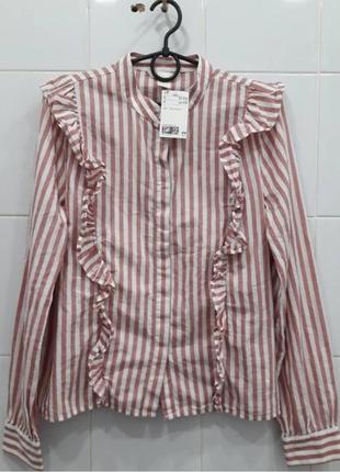 Натуральна бавовняна сорочка блуза з рюшами в смужку.